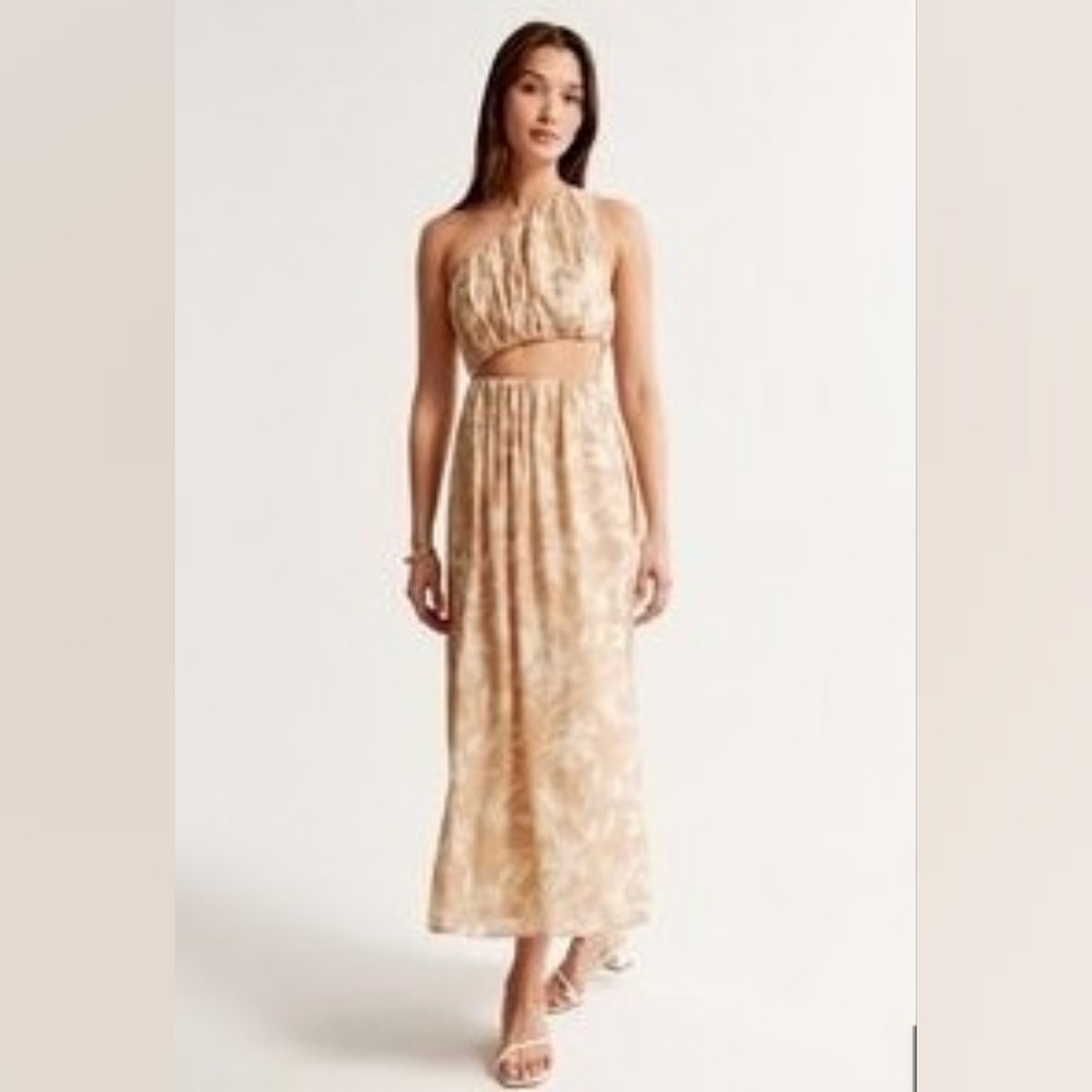 Abercrombie & Fitch Cream Floral One-Shoulder Cut-Out Midi Dress - Size XSP